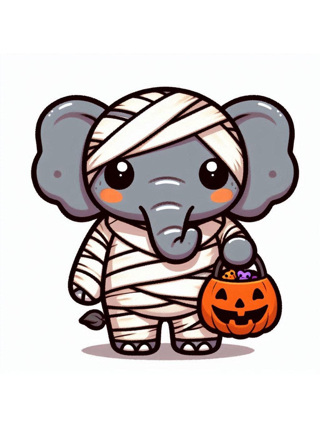 halloween cute animals drawings - a small, adorable elephant dressed as a mummy, holding a Halloween-themed pumpkin basket.